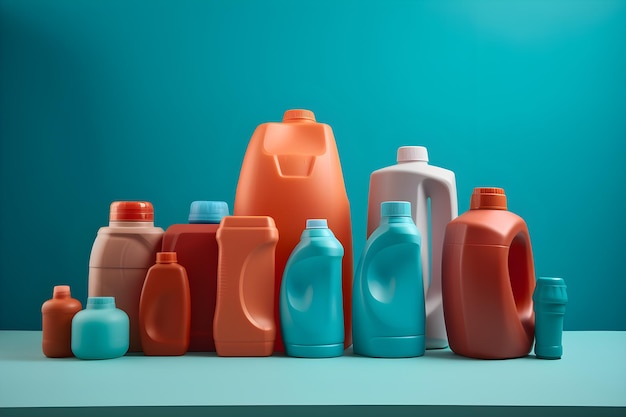 Photo a blue bottle of laundry detergent sits on a table next to other bottles.