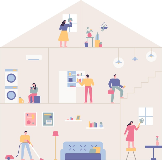 Vector each room is separated in the form of a house and people are living there people using household