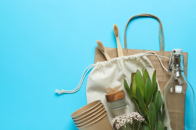 Eco friendly zero waste concept on blue surface