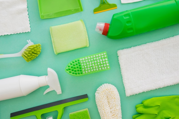 Free photo top view disinfecting supplies on the table