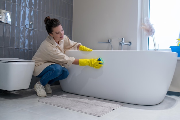 Photo a woman doing cleaning at home and disinfecting the bathroom
